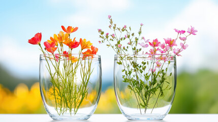 Brightly colored flowers in clear glass vases create cheerful and vibrant display, perfect for adding touch of nature to any space