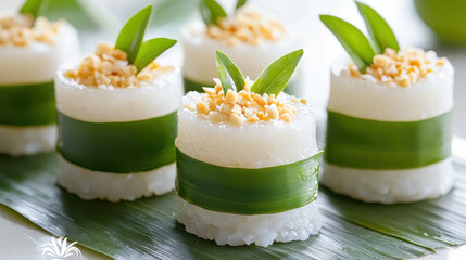 Delicious vegan Thai coconut dessert with rice, topped with peanuts and fresh leaves, beautifully presented on green leaf