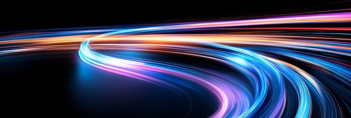 Abstract Light Trails Swirl - Dynamic colorful light trails creating a swirling abstract pattern on a black background. Perfect for technology, speed, and energy concepts