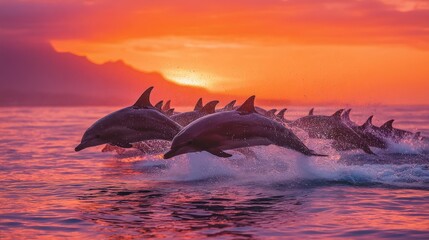 Fototapeta premium Dolphins leaping at vibrant sunset
