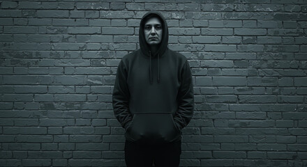 A hooded figure stands pensively against a weathered brick wall.