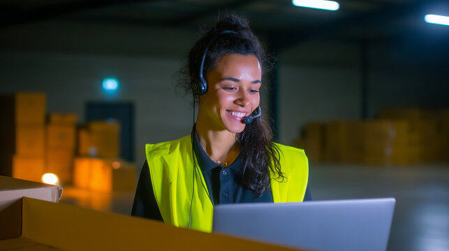  a smiling warehouse staff woman in a neon safety vest, typing on a laptop with a headset on, rows of cardboard boxes behind her, bright industrial light, productivity and tech