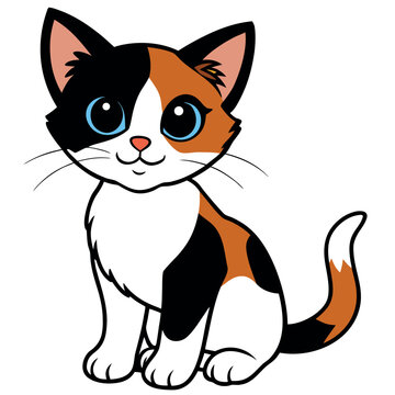 Adorable cartoon calico cat sitting with big blue eyes