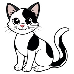 Adorable cartoon black and white cat sitting patiently