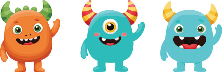 Three cute cartoon monsters waving hands, smiling happily, colorful horns, playful expressions, child friendly vector illustration for animation, game, or design