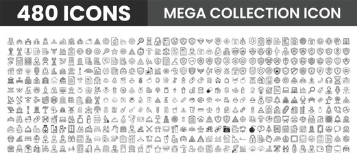 Mega collection of 480 line icons. business, food and drinks, health, internet, hotel services, infographic elements, risk management, and security shield icons. Vector bundle set.