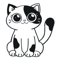 Adorable cartoon black and white cat with big eyes sitting