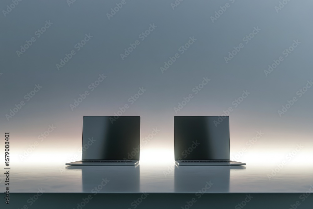 Poster two closed laptops sit on a minimalist table, illuminated by soft light. clean design.