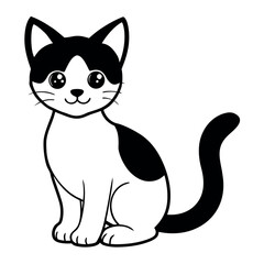 Cute black and white cartoon cat sitting with big eyes