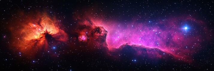 Cosmic Nebula Panorama - Stunning panoramic view of a vibrant nebula in space, showcasing swirling colors and glittering stars