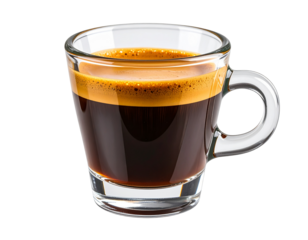 Clear glass cup of rich espresso coffee with crema layer, isolated on transparent background PNG