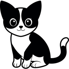 Cute cartoon black and white tuxedo cat sitting and smiling