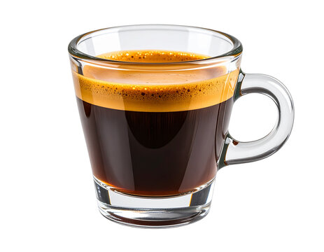Clear glass cup of rich espresso coffee with crema layer, isolated on transparent background PNG - Powered by Adobe