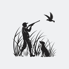 hunter with rifle and dog silhouette white background