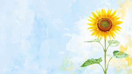 Vibrant sunflower stands tall against soft blue background, radiating warmth and joy. bright yellow petals and green leaves create cheerful