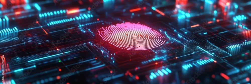 Poster fingerprint security - abstract of a fingerprint on a futuristic circuit board, representing securit