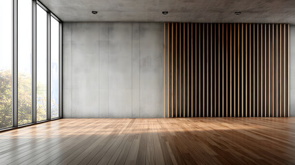 A modern empty room with large floor-to-ceiling windows, wooden flooring, concrete walls, and vertical wooden slats design on one side.