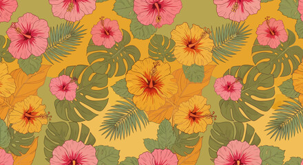 Vibrant hibiscus blossoms and tropical foliage create a seamless colorful pattern.