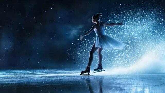 A figure skater glides across an icy surface, illuminated by a flurry of sparkling snowflakes