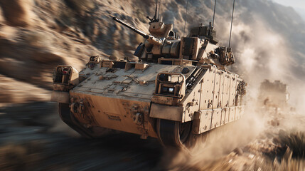 Bradley Fighting Vehicle advancing through rugged battlefield, armored military combat vehicle in action, tactical operation, armored protection, realistic war scene.