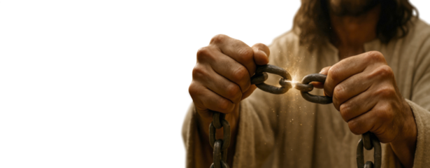 Jesus breaking chains – symbol of spiritual freedom – transparent PNG

Christ snapping metal chains apart – isolated cutout image

Biblical representation of Jesus setting captives free – transparent 
