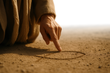 Jesus drawing ichthys fish symbol in sand – transparent PNG

Hand of Jesus tracing Christian symbol on ground – isolated cutout

Biblical figure drawing fish sign in dirt – transparent background