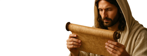 Christ studying scripture scroll – isolated cutout image

Jesus teaching with ancient scroll – transparent background

Biblical teaching moment in synagogue – PNG format