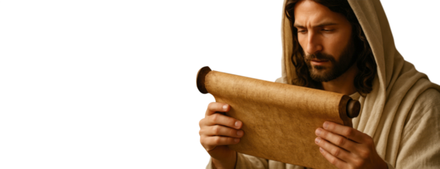 Christ studying scripture scroll – isolated cutout image

Jesus teaching with ancient scroll – transparent background

Biblical teaching moment in synagogue – PNG format