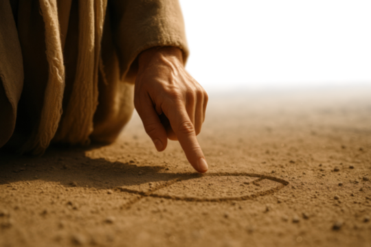 Jesus drawing ichthys fish symbol in sand – transparent PNG

Hand of Jesus tracing Christian symbol on ground – isolated cutout

Biblical figure drawing fish sign in dirt – transparent background