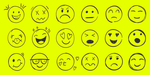 Emojis faces icon in hand drawn style. Doddle emoticons vector illustration on isolated background. Happy and sad face sign business concept
