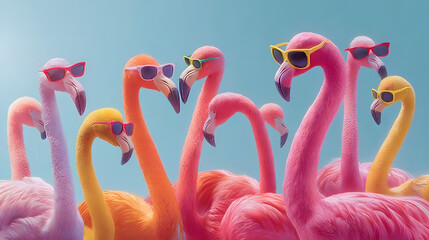 Happy Birthday, summer party, travel carnival festive celebration, funny animals card banner panorama - Group collection set of. colorful flamingos with sunglasses, isolated on blue background