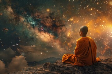 Young Buddhist Monk Meditating Mountain