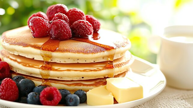 Delicious pancakes topped with fresh raspberries and syrup for a tasty breakfast