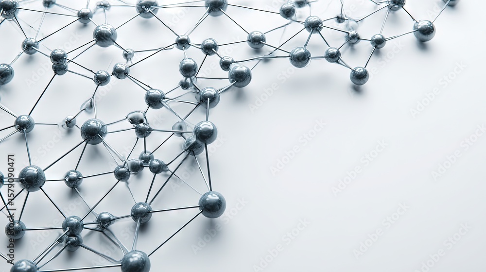 Fototapete abstract metallic network of connected spheres and rods on light background, minimalist 3d rendering