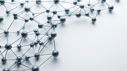 Abstract metallic network of connected spheres and rods on light background, minimalist 3D rendering symbolizing technology and connectivity