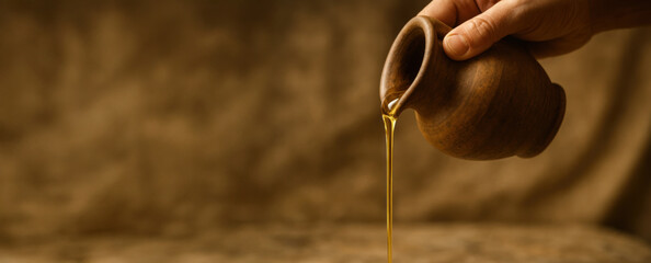 Hand Pouring Sacred Oil from a Clay Vessel