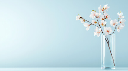 Beautiful arrangement of delicate cherry blossom branches in clear glass vase against soft blue background, evoking tranquility and elegance