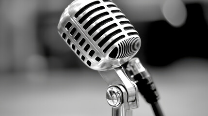 Vintage microphone silver color close up view studio equipment sound recording music performance retro design audio technology