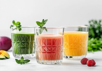  fresh fruit smoothies with vibrant fruit and mint in elegant presentation for detox and boost immunity drink