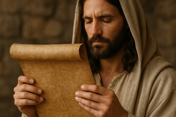 Biblical Scene of Jesus with a Hebrew Scroll