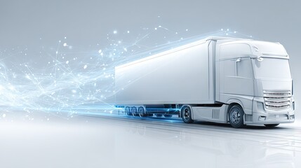 High-tech white semi truck with glowing blue light trails on sleek reflective surface representing futuristic logistics and digital transportation