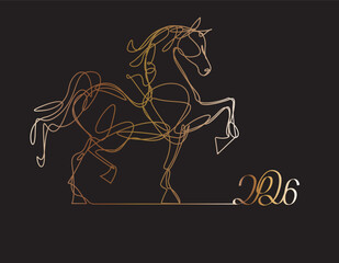 Gold horse symbol of new year 2026 according to Asian Chinese calendar. greeting card or banner in linear style. vector illustration
