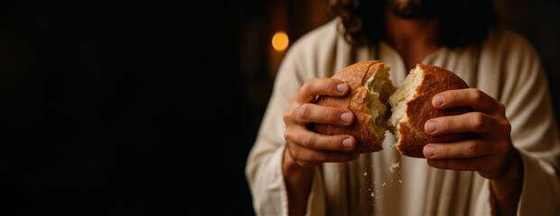 Jesus Breaking Bread During the Last Supper

Close-Up of Jesus Dividing Bread with His Hands

Symbolic Act of Jesus Breaking Bread

The Breaking of Bread in a Sacred Moment