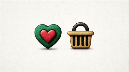 Ecommerce Wishlist Icons, Digital Retail Symbols, Favorite Product Visuals, Add To Cart Vector Icons | A Side-By-Side Flat Vector Layout Of Two Icons: A Heart Symbol And A Shopping Basket Icon. Desi