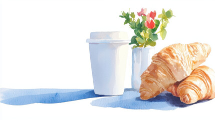 Watercolor illustration featuring croissants, coffee cup, and small vase with flowers, evoking cozy breakfast scene