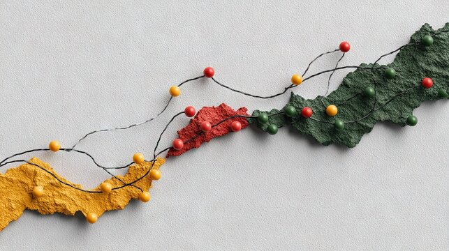 Textured color path with connected red, yellow, green segments and network nodes on neutral gray background, abstract design