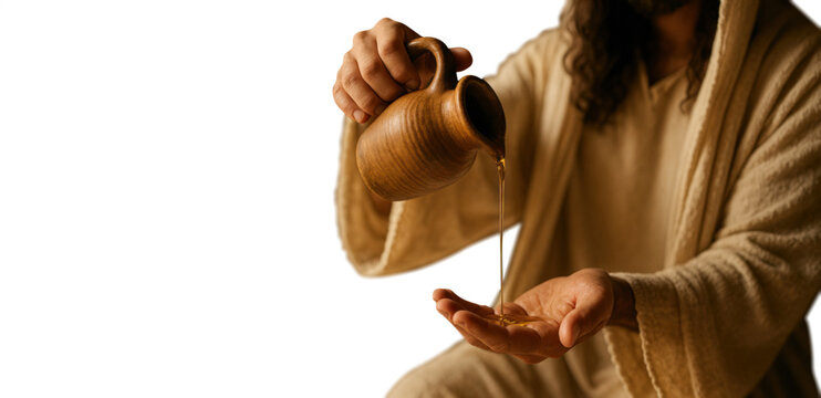 Jesus pouring oil from a clay jar onto his hand – transparent PNG

Biblical figure pouring oil into hand – isolated on transparent background

Jesus holding ceramic jug and pouring oil – cutout image