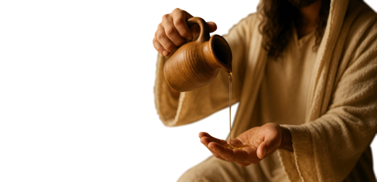 Jesus pouring oil from a clay jar onto his hand – transparent PNG

Biblical figure pouring oil into hand – isolated on transparent background

Jesus holding ceramic jug and pouring oil – cutout image