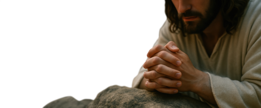 Jesus praying in the Garden of Gethsemane – transparent PNG

Biblical depiction of Jesus in deep prayer at Gethsemane – isolated cutout

Christ with hands clasped in prayer on rock – transparent