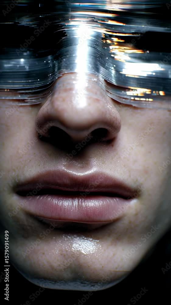 Poster conceptual portrait featuring glitch art with a striking close-up of a person's face illuminated by 